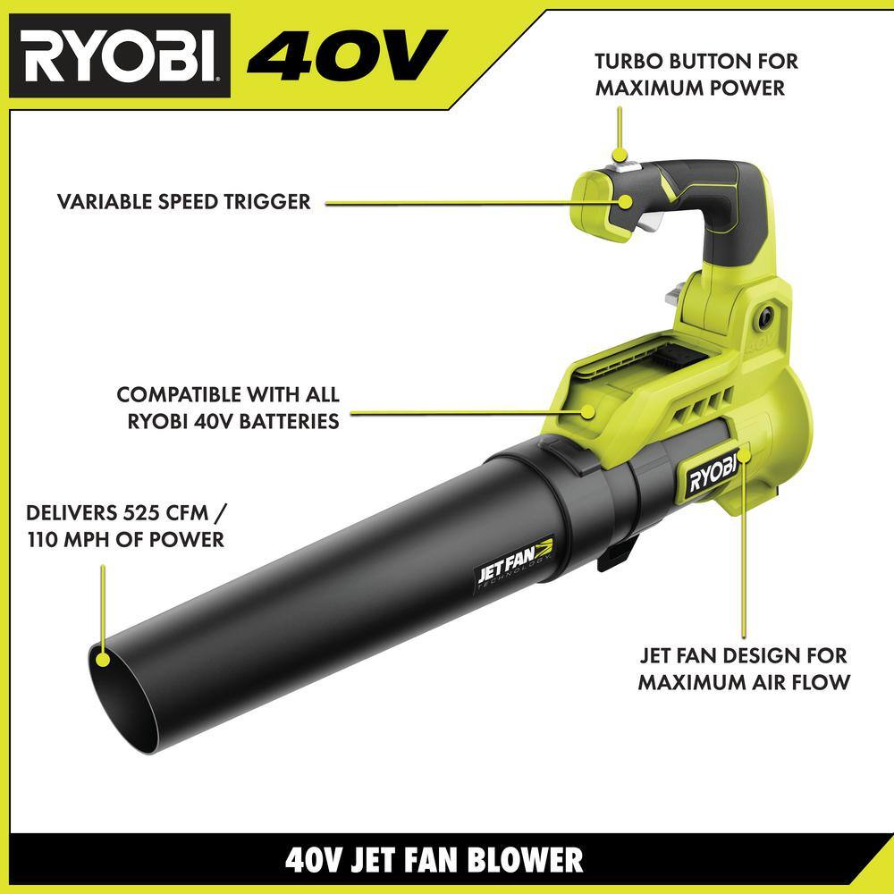 RYOBI 40V Cordless 110 MPH 525 CFM Cordless Leaf Blower and Cordless Leaf VacuumMulcher w (2) Batteries and (2) Chargers RY40451-BL