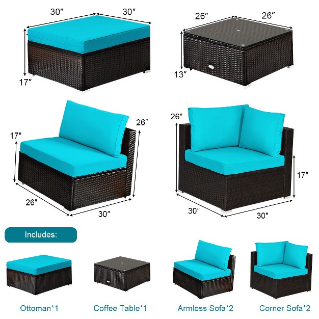 Tangkula 6pcs Patio Rattan Furniture Set Outdoor Sectional Sofa Set W coffee Table amp Ottoman Black navy turquoise red brown