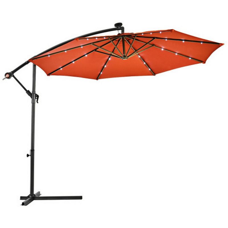 10 Feet Patio Hanging Solar LED Umbrella Sun Shade with Cross Base