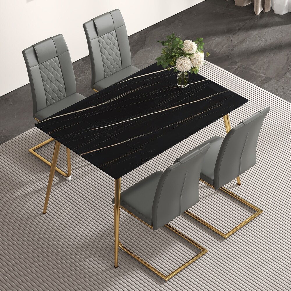 Modern rectangular black imitation marble dining table  0.3 inches thick  metal legs for kitchen  dining room