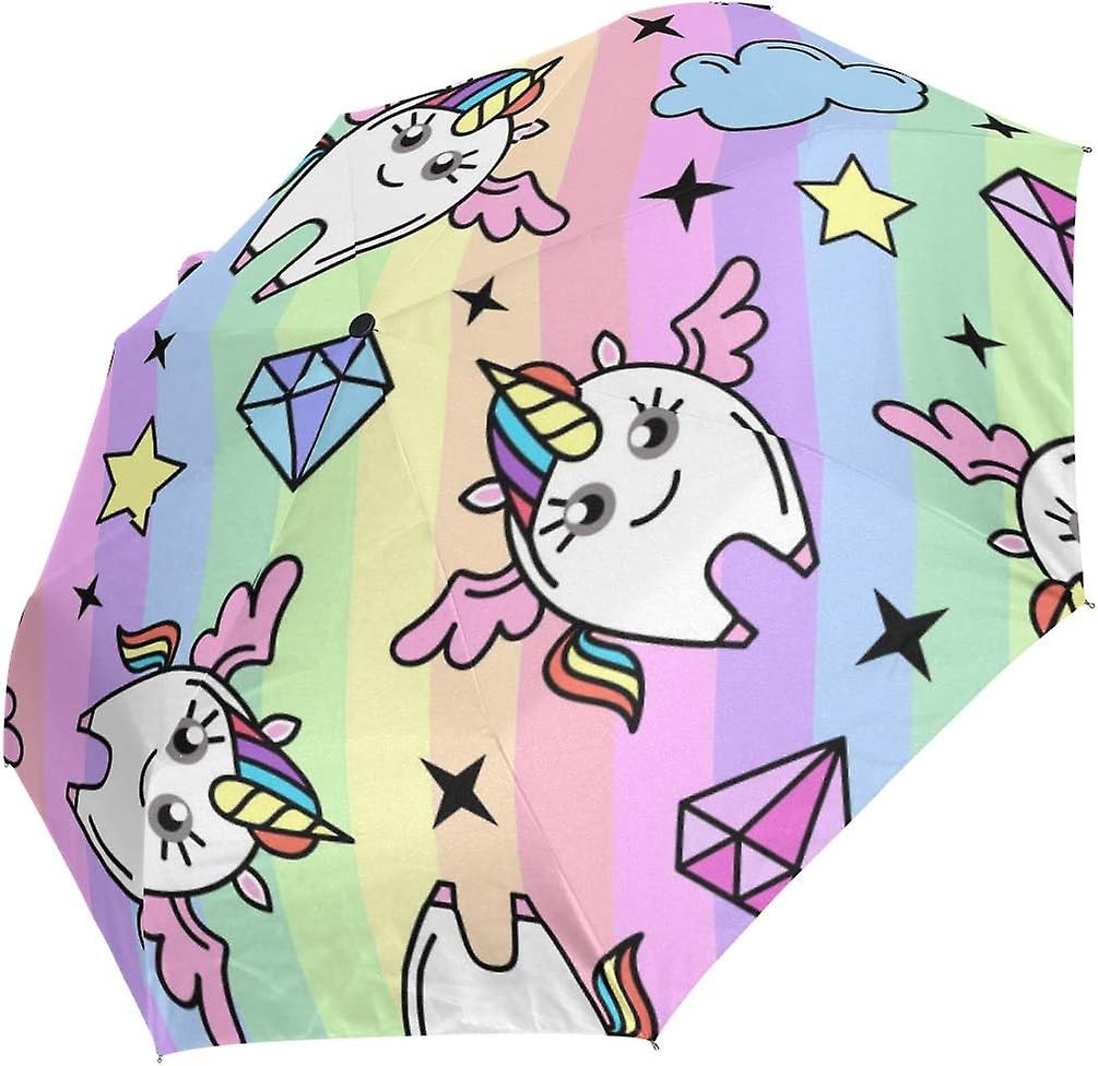 Travel Umbrella Automatic Windproof Foldable Umbrella Unicorn With Wing On Rainbow