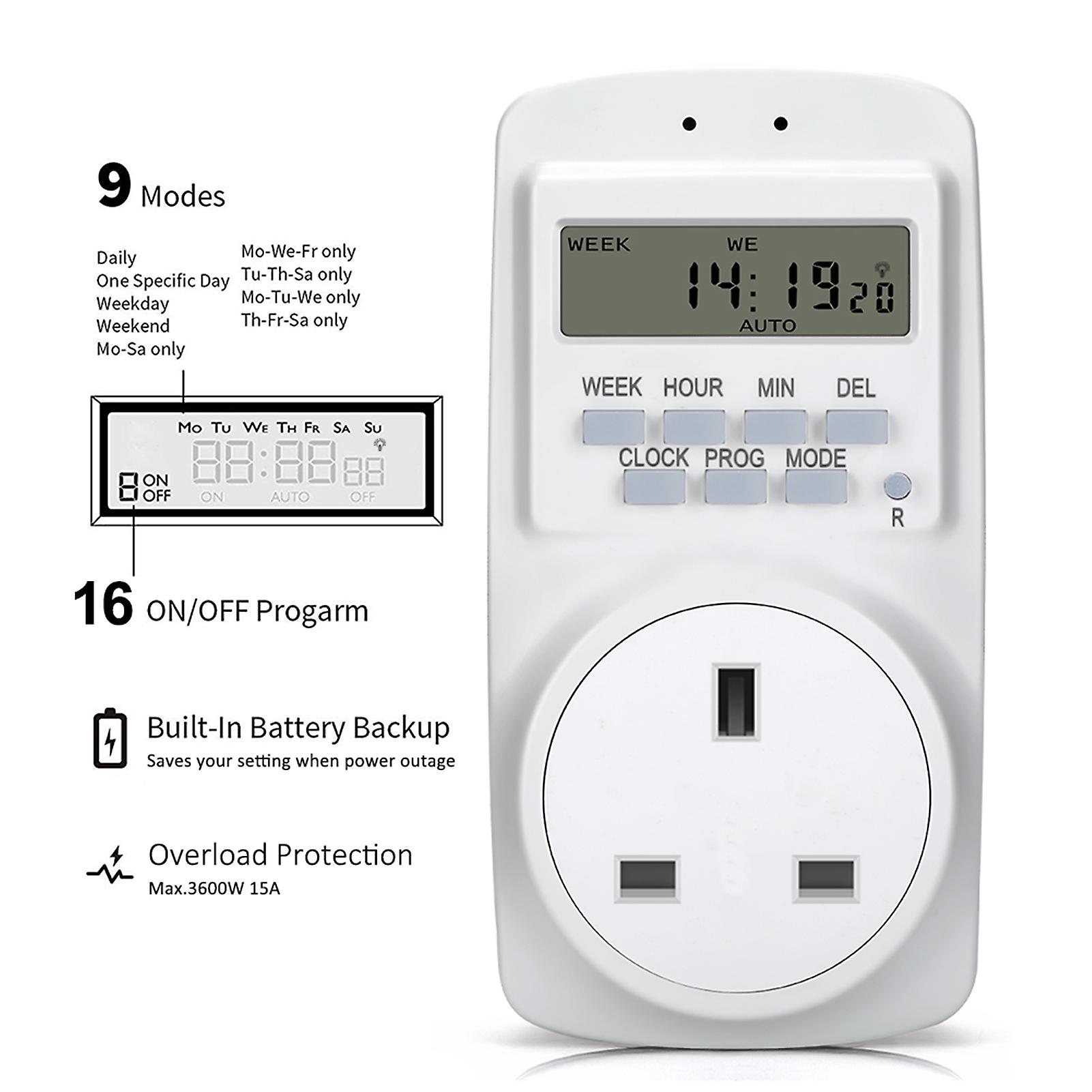 Digital Electrical UK Plug Timer Socket， 24 Hours 7 Day Weekly 16 Groups Programmable Light