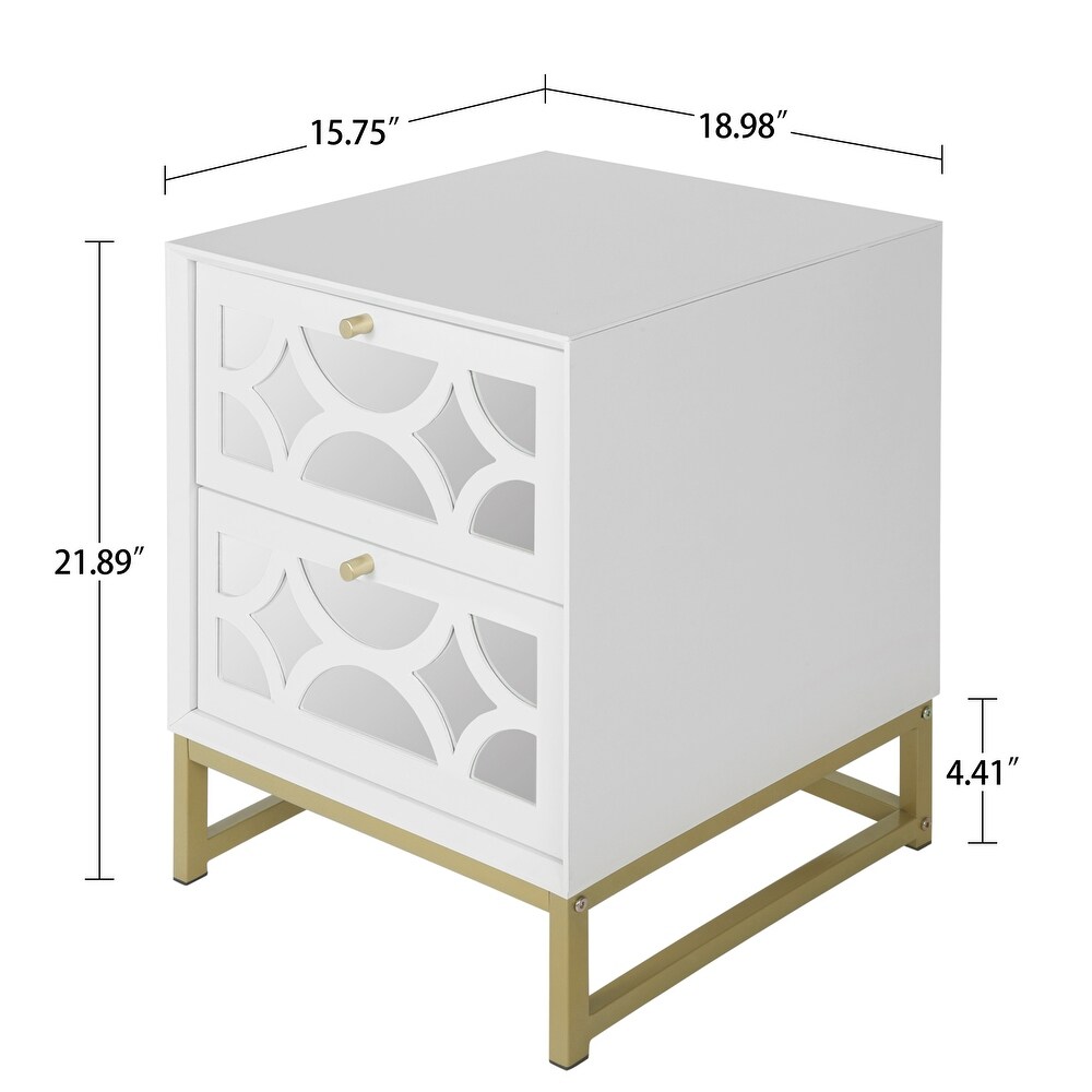 White Mirrored Nightstand with Gold Legs  2 Drawer Small Bedside Table  Side Table with Storage for Bedroom  Living Room