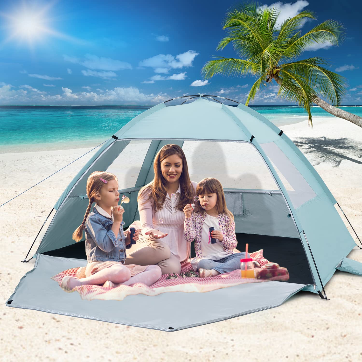 SweetBin Beach Tent Sun Shelter， Portable UV Sun Shelter Canopy Cabana with UPF 50+ UV Protection， Lightweight Beach Sun Shade Fits 3-4 Person