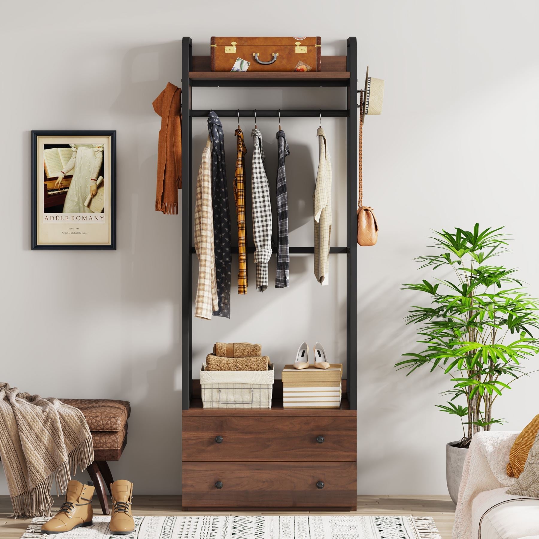 Freestanding Closet Organizer, Coat Rack with Drawers and Shelves