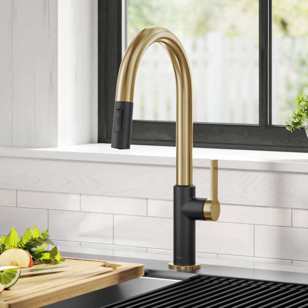 KRAUS Oletto Single Handle Pull-Down Kitchen Faucet in Brushed BrassMatte Black KPF-2820BBMB