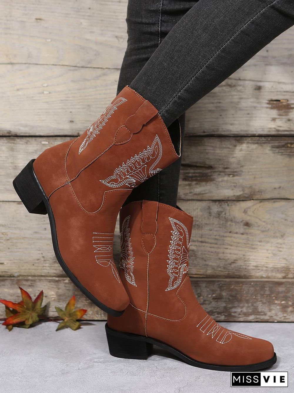 Embroidered Ethnic Chunky Heel Cowboy Boots