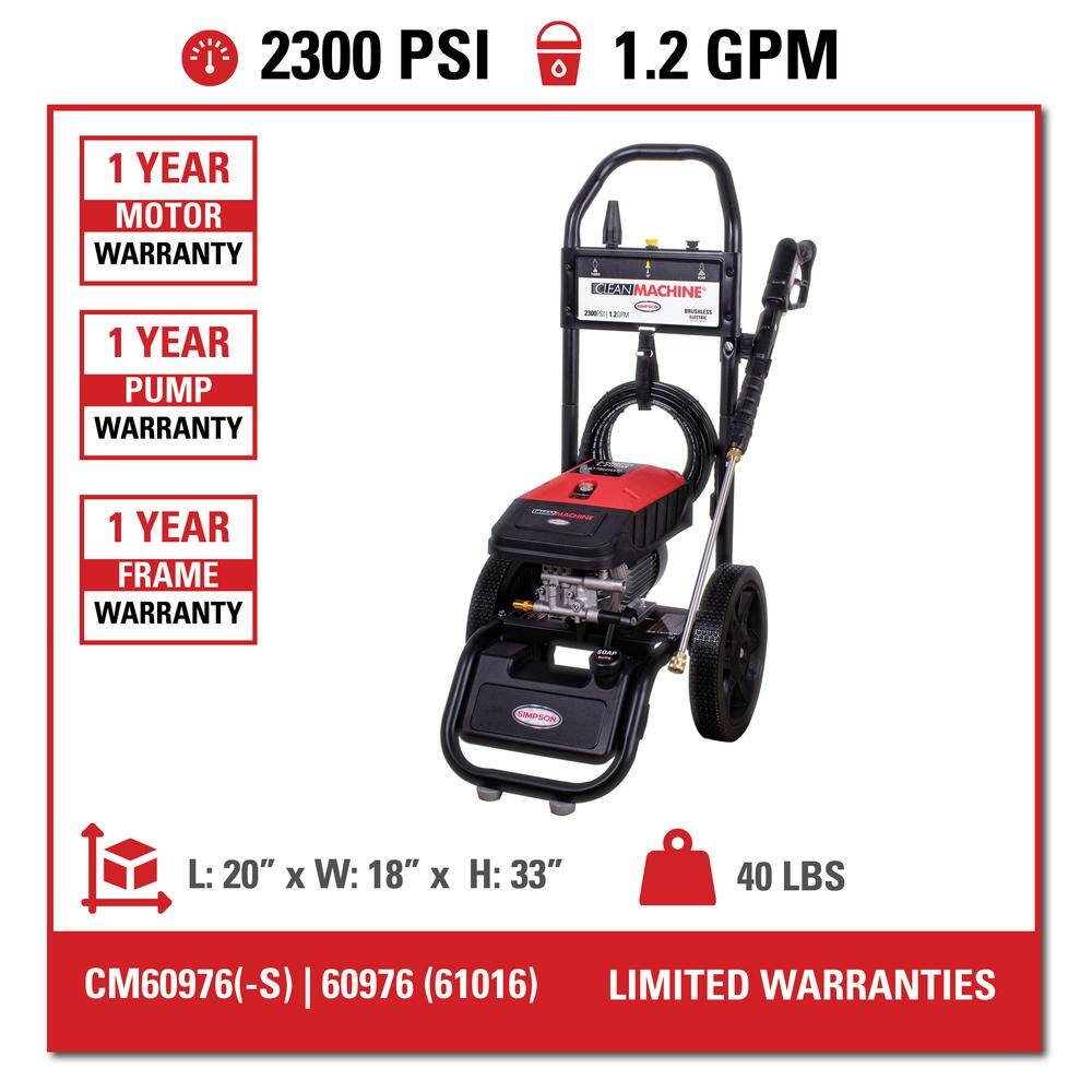 SIMPSON Clean Machine 2300 PSI 1.2 GPM Electric Cold Water Pressure Washer with Hassle-Free Brushless Electric Motor CM60976-S