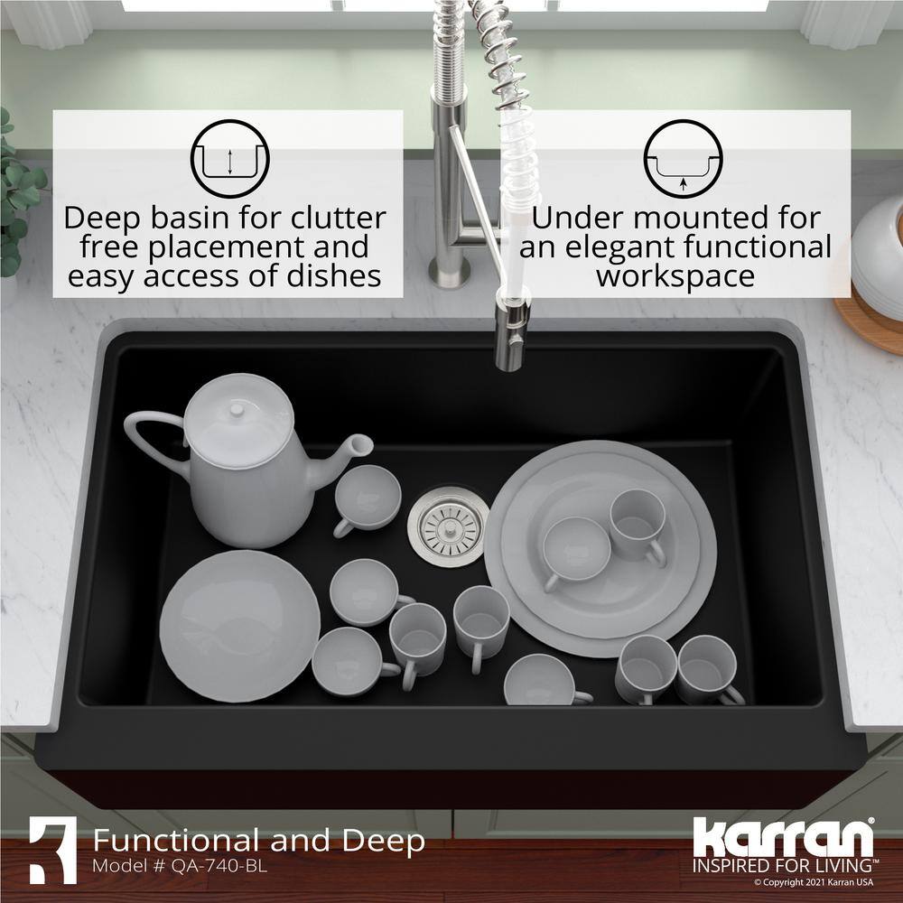 Karran FarmhouseApron-Front Quartz Composite 34 in. Single Bowl Kitchen Sink in Black QA-740-BL