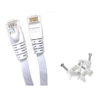 Micro Connectors Inc 100 ft. Flat Cat6 RJ45 UTP Ethernet Networking Cable with 20 Cable Clips E08-100FL-W