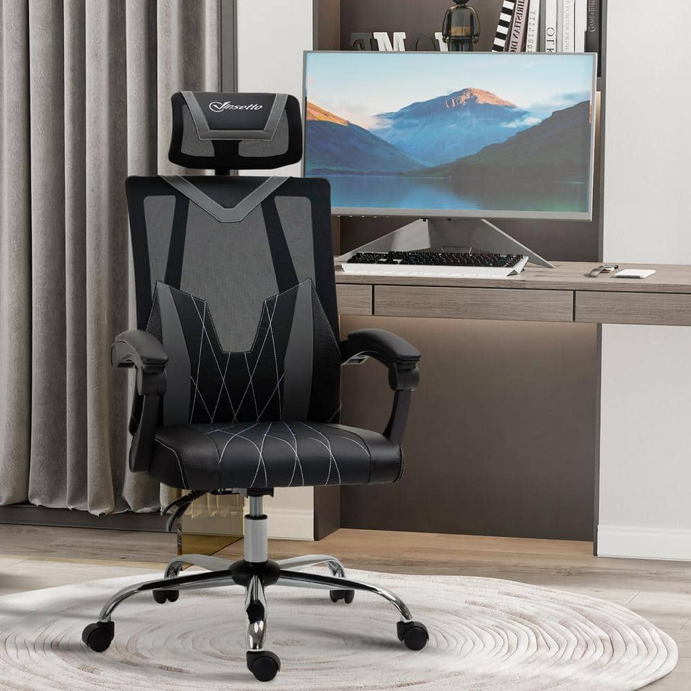 Vinsetto Grey PU Ergonomic Desk Chair with Non-Adjustable Arms 921-469V80GY