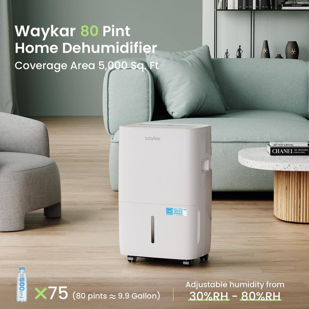 waykar 80-Pint Energy Star Dehumidifier for up to 5000 sq. ft. Basements and Large Rooms With Drain and Water Rank White HDCXJD025C-80-1