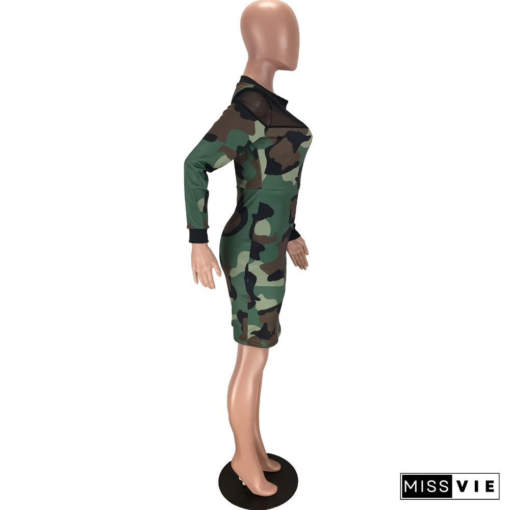 Mesh Patchwork Leopard Camouflage Bodycon Midi Dress