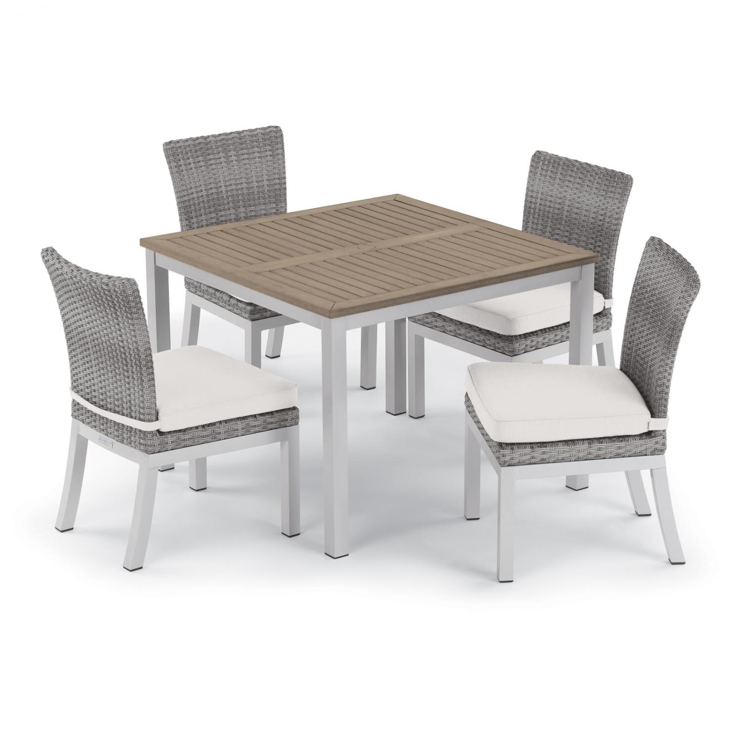 Argento 5 Piece Wicker Patio Dining Set W/ 39 Inch Square Tekwood Vintage Table， Side Chairs and Eggshell White Cushions By Oxford Garden