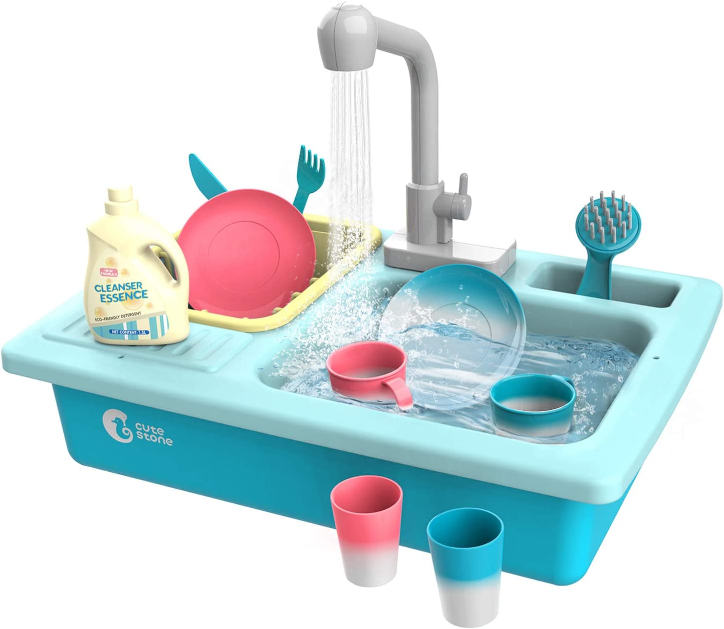 CUTE STONE Color Changing Kitchen Sink Toys， Children Heat Sensitive Electric Dishwasher Playing Toy with Running Water， Automatic Water Cycle System Play House Pretend Role Play Toys for Boys Girls