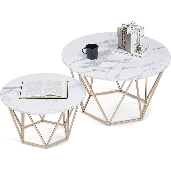 ivinta Round Coffee Table Set of 2， Modern End Tables for Living Room， Tempered Glass/White Faux Marble Tea Tables