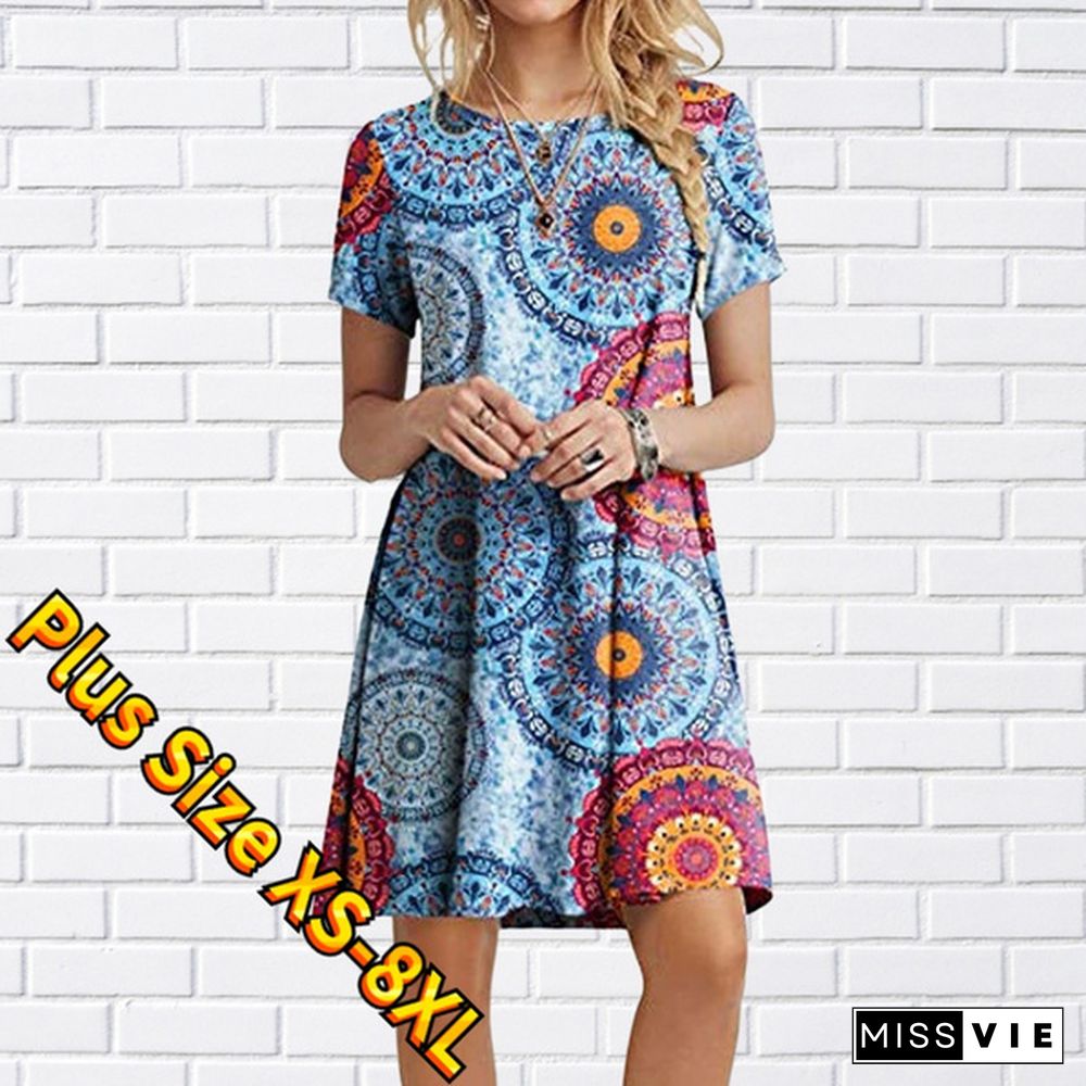 Ladies Fashion Dress Floral Leaf Print Ladies Casual Dress Summer Beach Short Sleeve Dress Long Skirt Plus Size Xs-8Xl