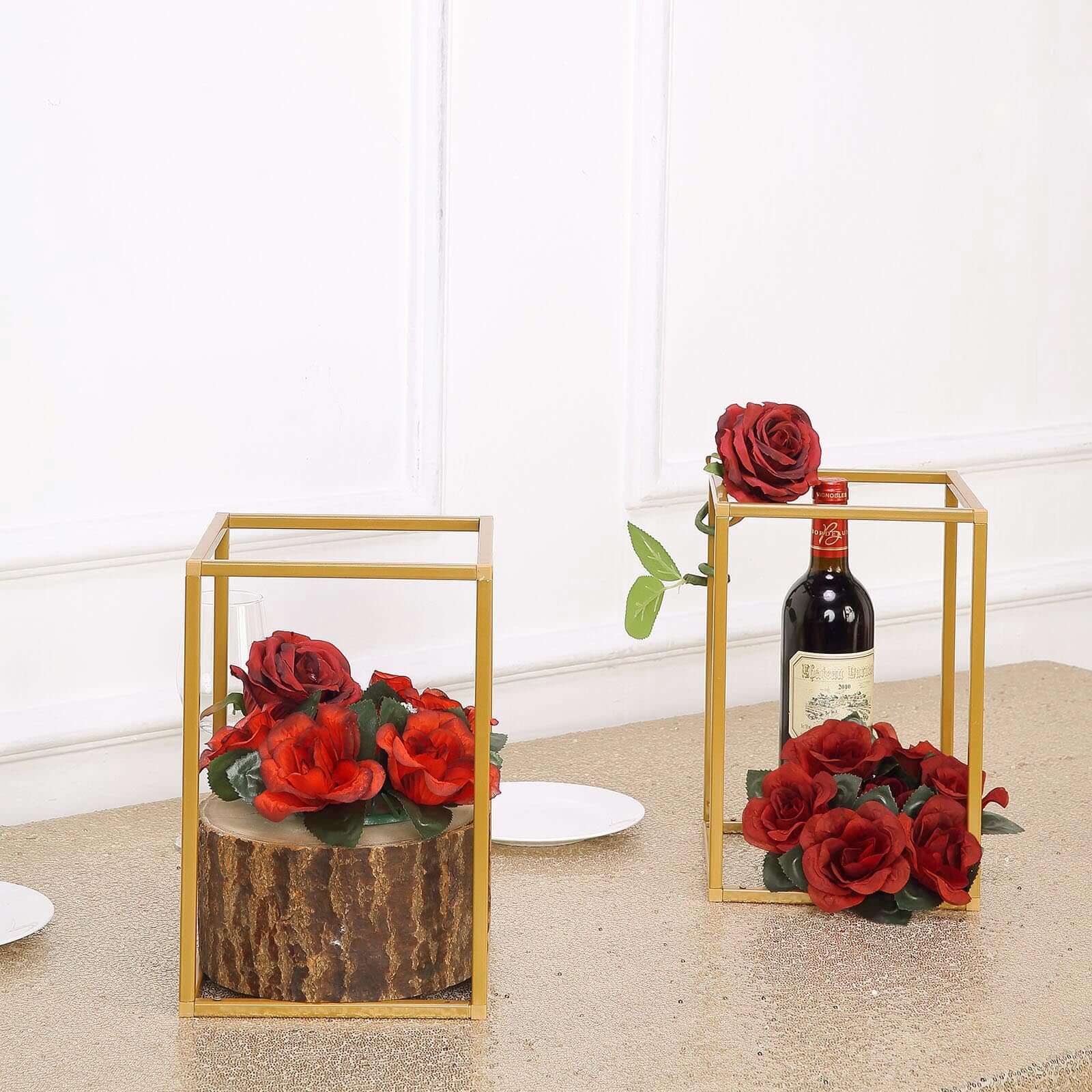 2 Pack Rectangular Gold Metal Wedding Flower Stand, Geometric Column Frame Centerpiece 12