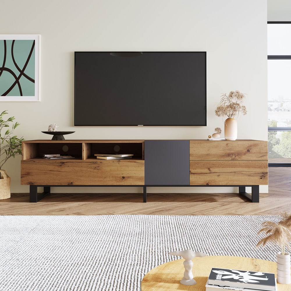 Contemporary TV Stand for 80 inch TVs   Double Storage Space  Modern Minimalist Style  Drop Down Doors  Cable Management