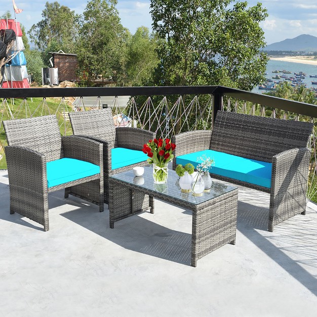 Costway 4pcs Patio Rattan Furniture Set Conversation Glass Table Top Cushioned Turquoise red