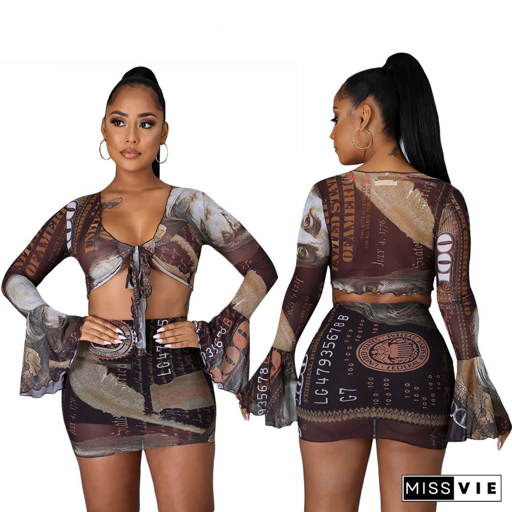 US Money Print Long Sleeve Tie Up Crop Top Mini Skirt Set