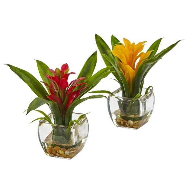 Nearly Natural 8-in Bromeliad Pair With Glass Vase Arrangement (set Of 2)