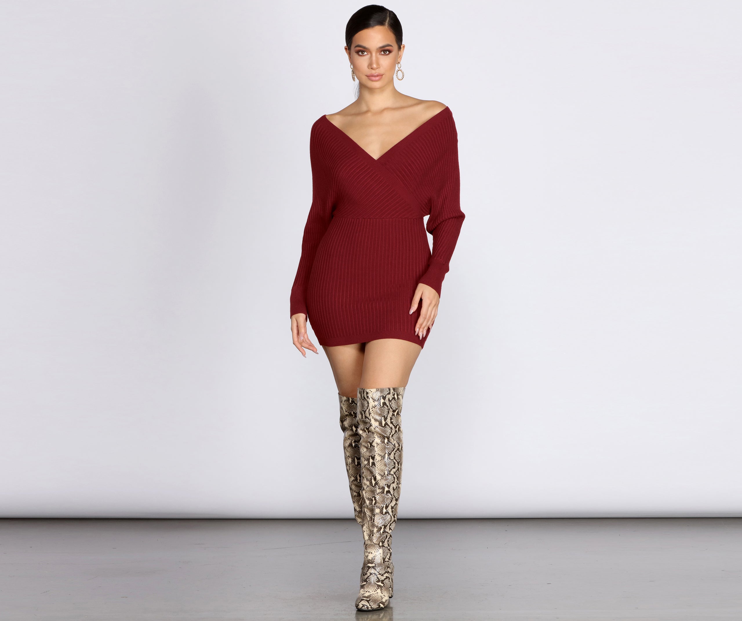 Ribbed Knit Surplice Mini Dress