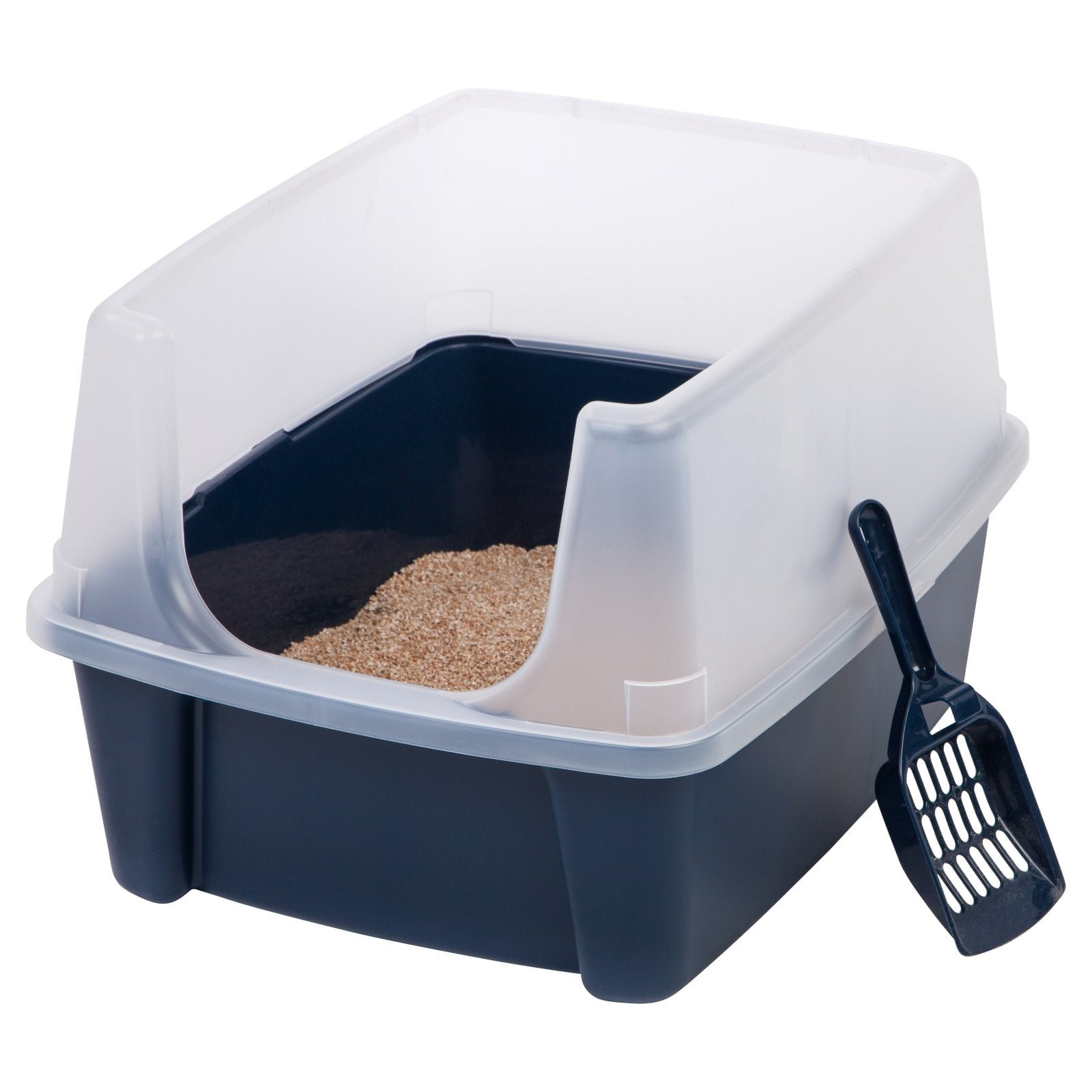 IRIS USA Open-Top Cat Litter Box with Shield and Scoop， Navy