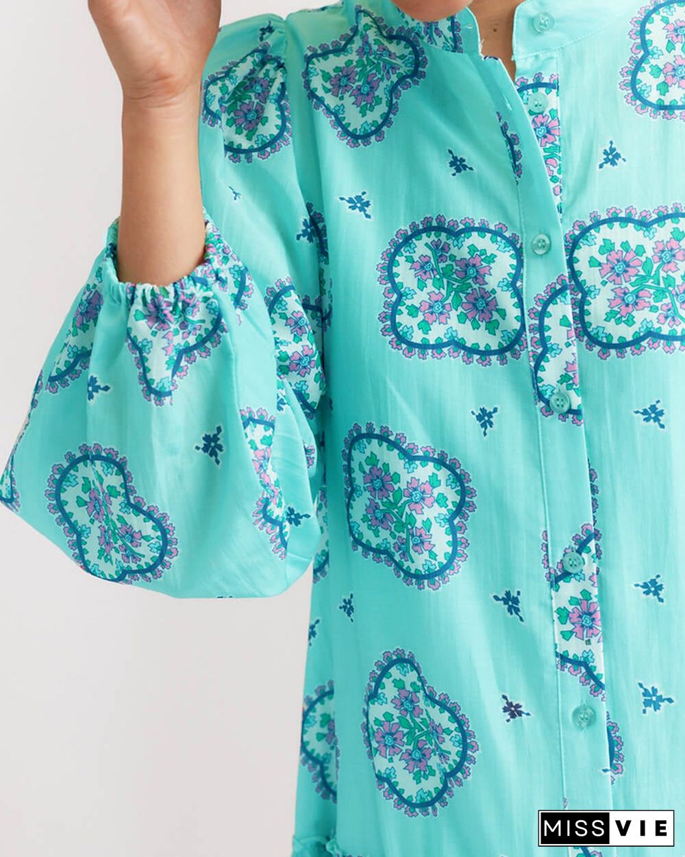 Cropped Sleeve Printed Loose Pleated Dress