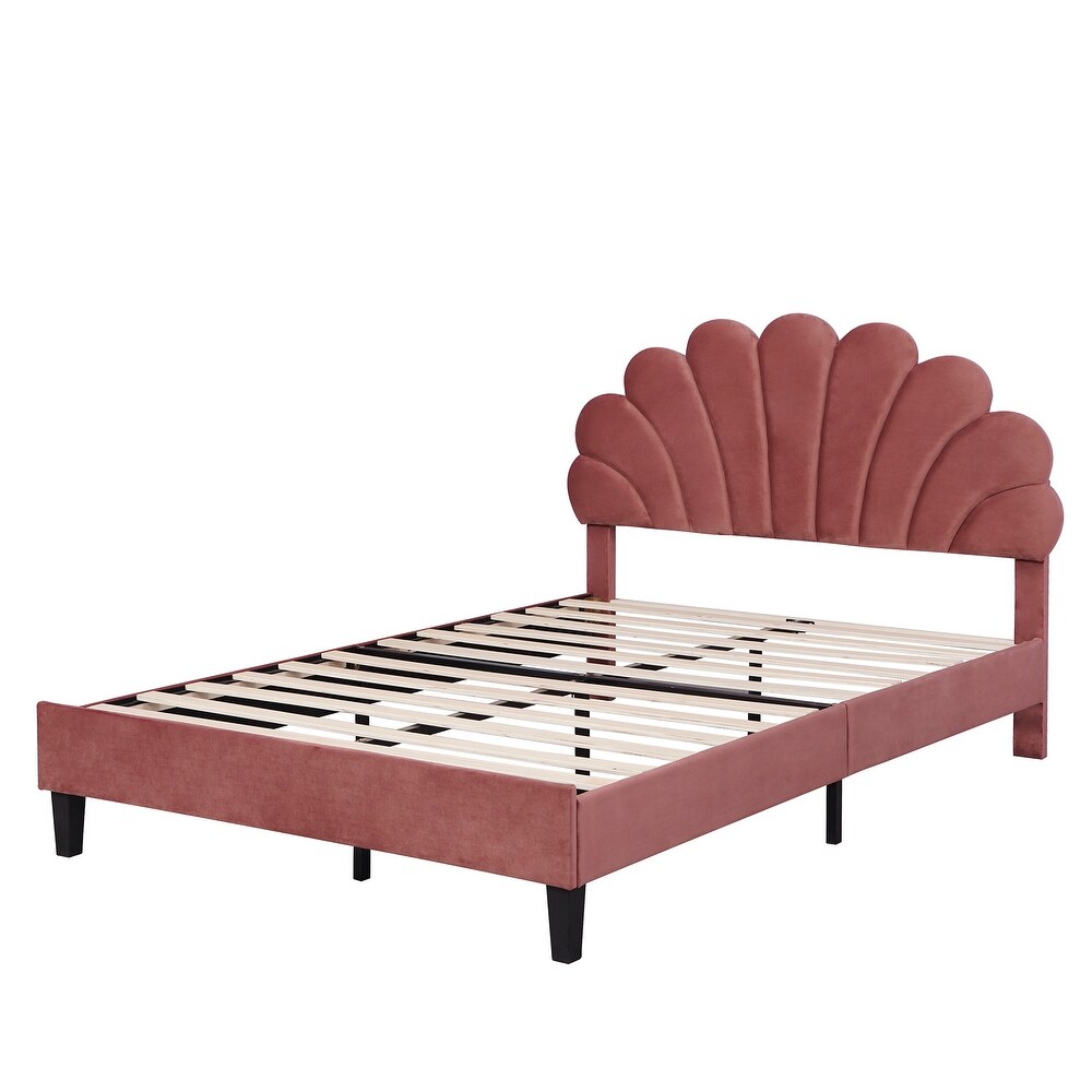 Far Ahead Theme Velvet Platform Bed Upholstered Bed with Flowers Shaped Headboard  Wood Slat Platform Bed for Bedroom