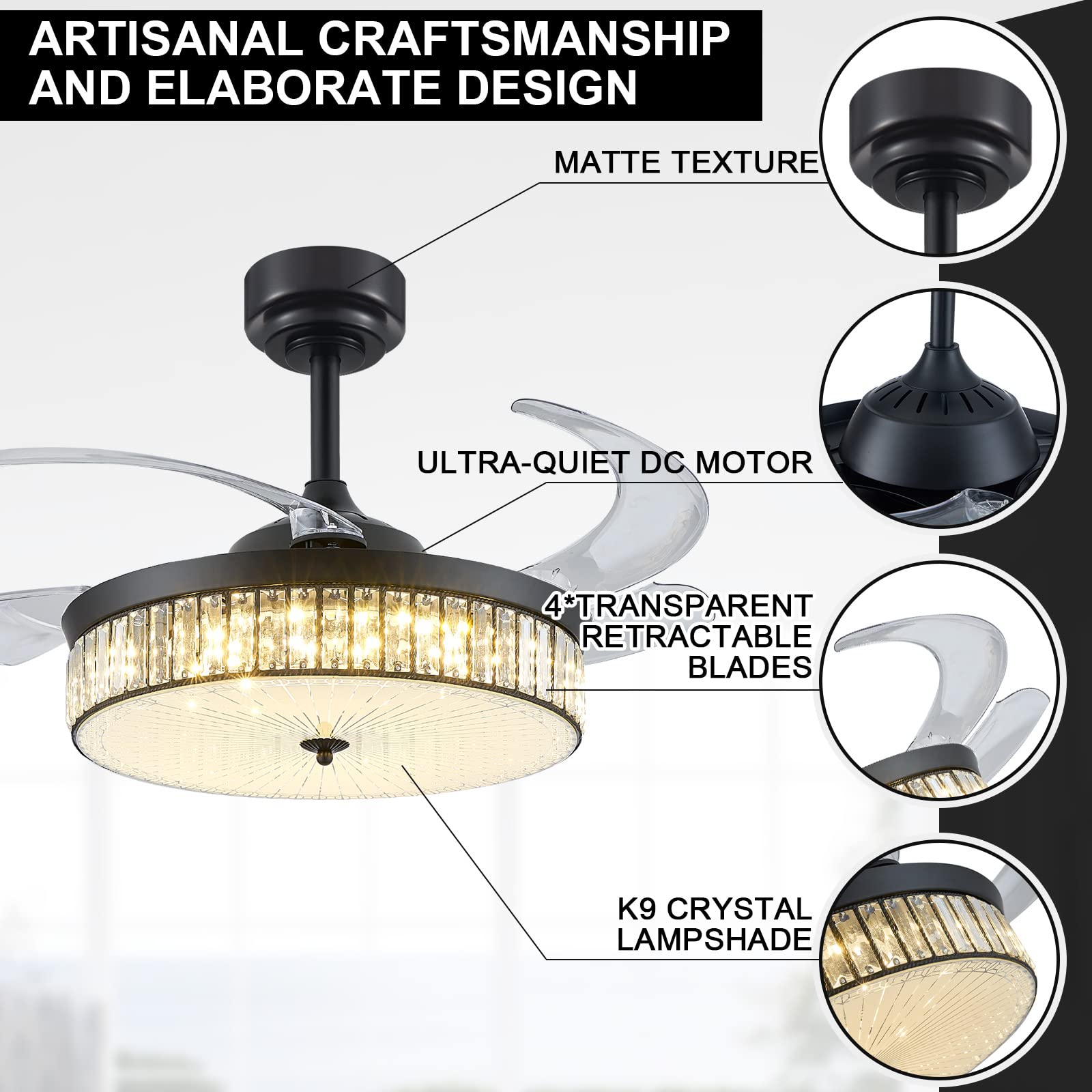 KAPOEFAN 42 inch Retractable Chandelier Ceiling Fan with Lights and Remote,Fandelier Crystal Fan with Retractable Blades Memory Dimmable LED