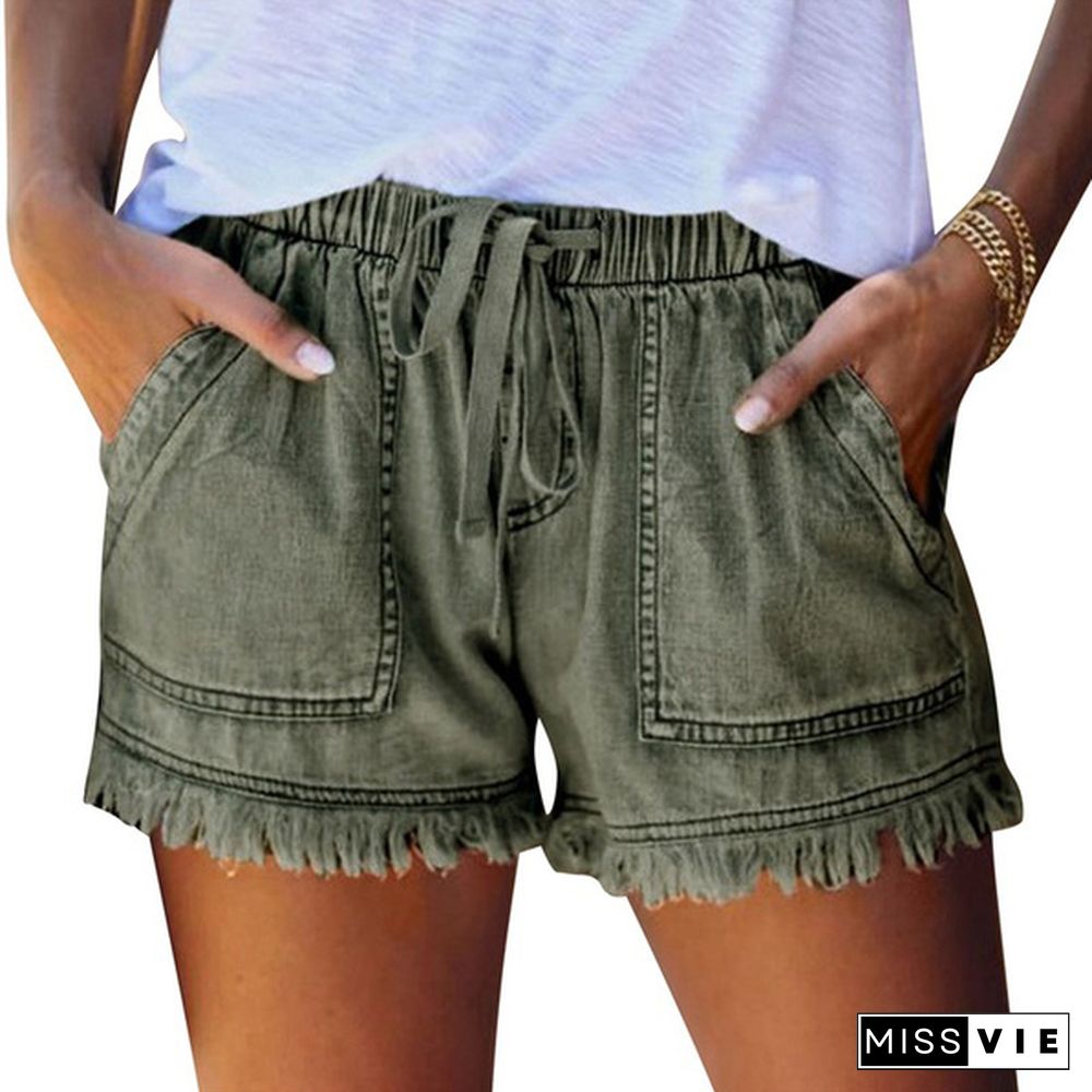 Summer Women Elastic Waist Casual Denim Shorts High Waist Slim Jean Shorts Women Hot Pants