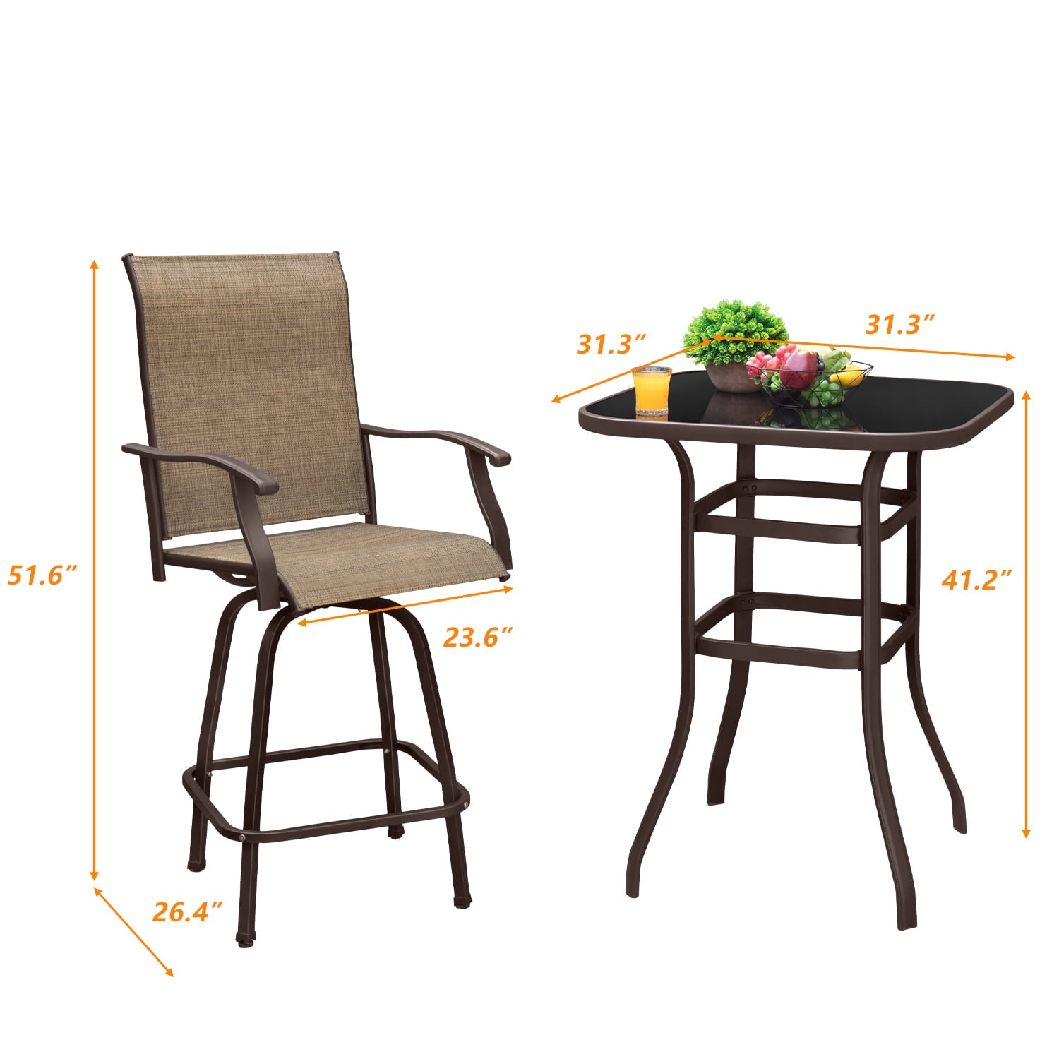 LACOO Patio Outdoor Bar Height Metal Bistro Chair and Table Set of Three, Tan