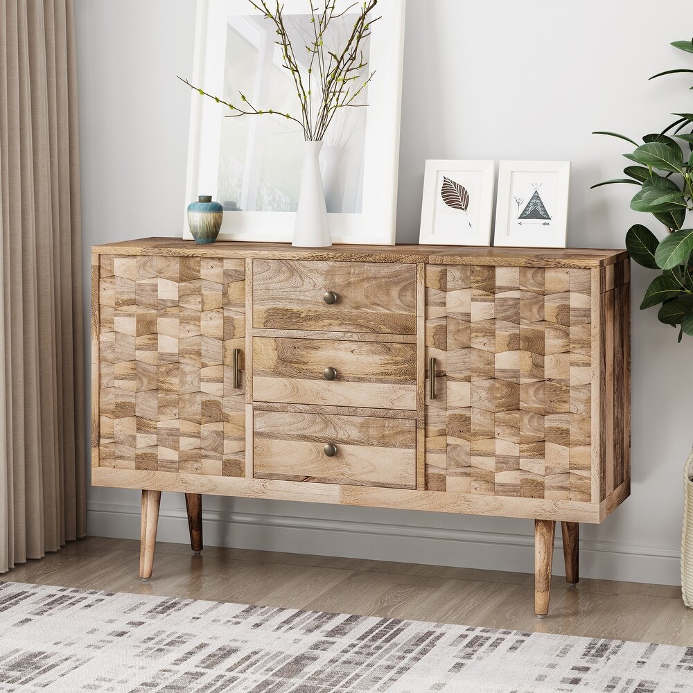 Latimer Mid Century Modern Handcrafted Mango Wood 3 Drawer Sideboard with 2 Doors by Christopher Knight Home