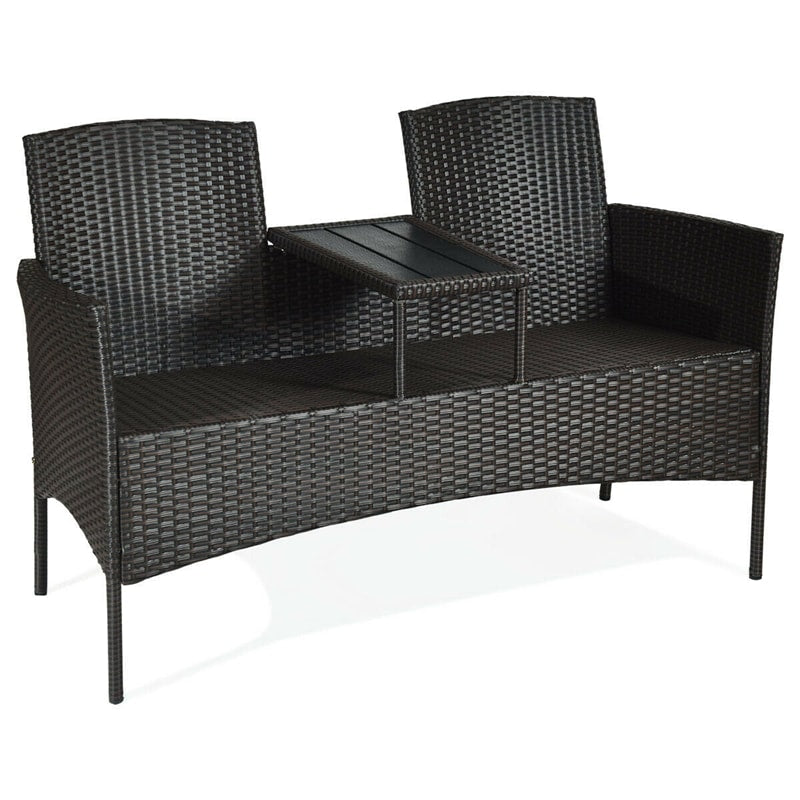 Rattan Outdoor Loveseat Bistro Set with Built-in Coffee Table & Cushions, Wicker Patio Conversation Set