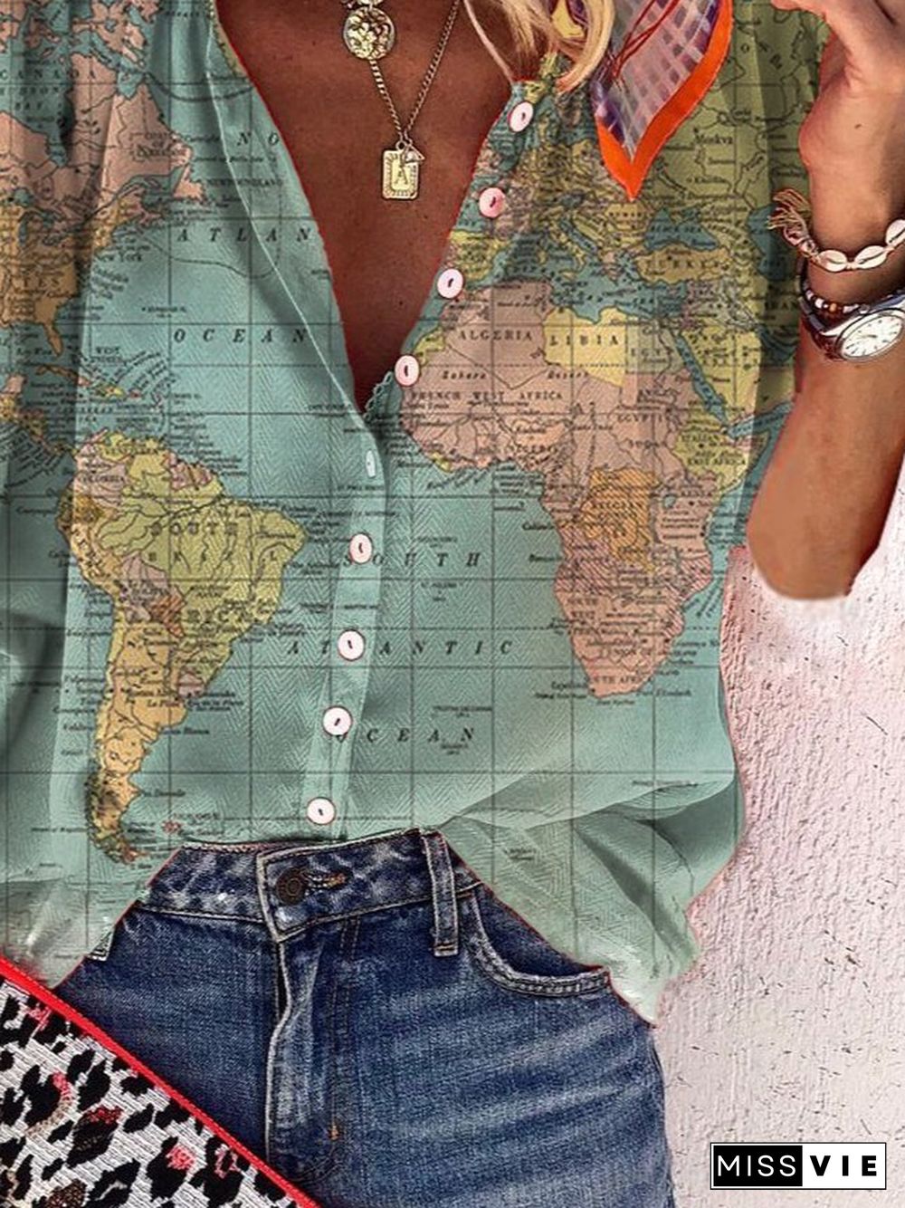 Plus-size printed shirt with map design