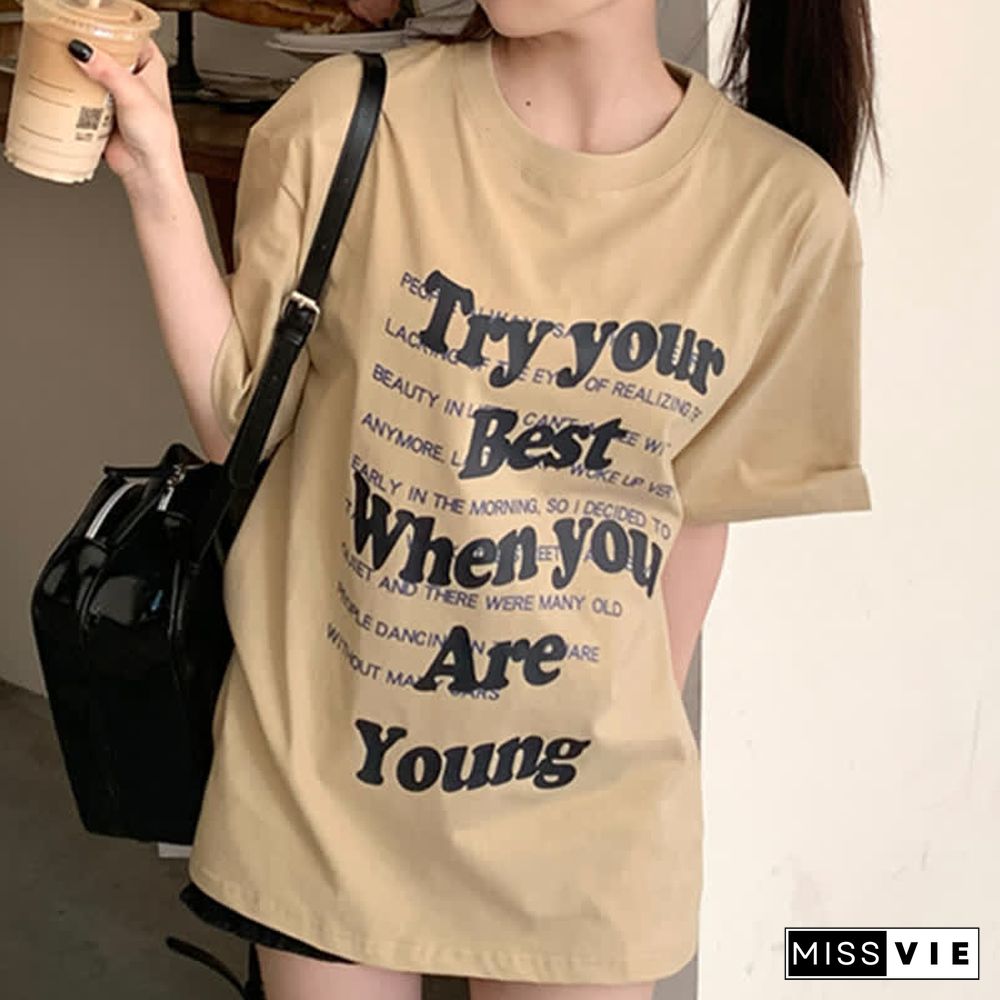 Chic Letter Print Round Collar Oversized T-Shirt