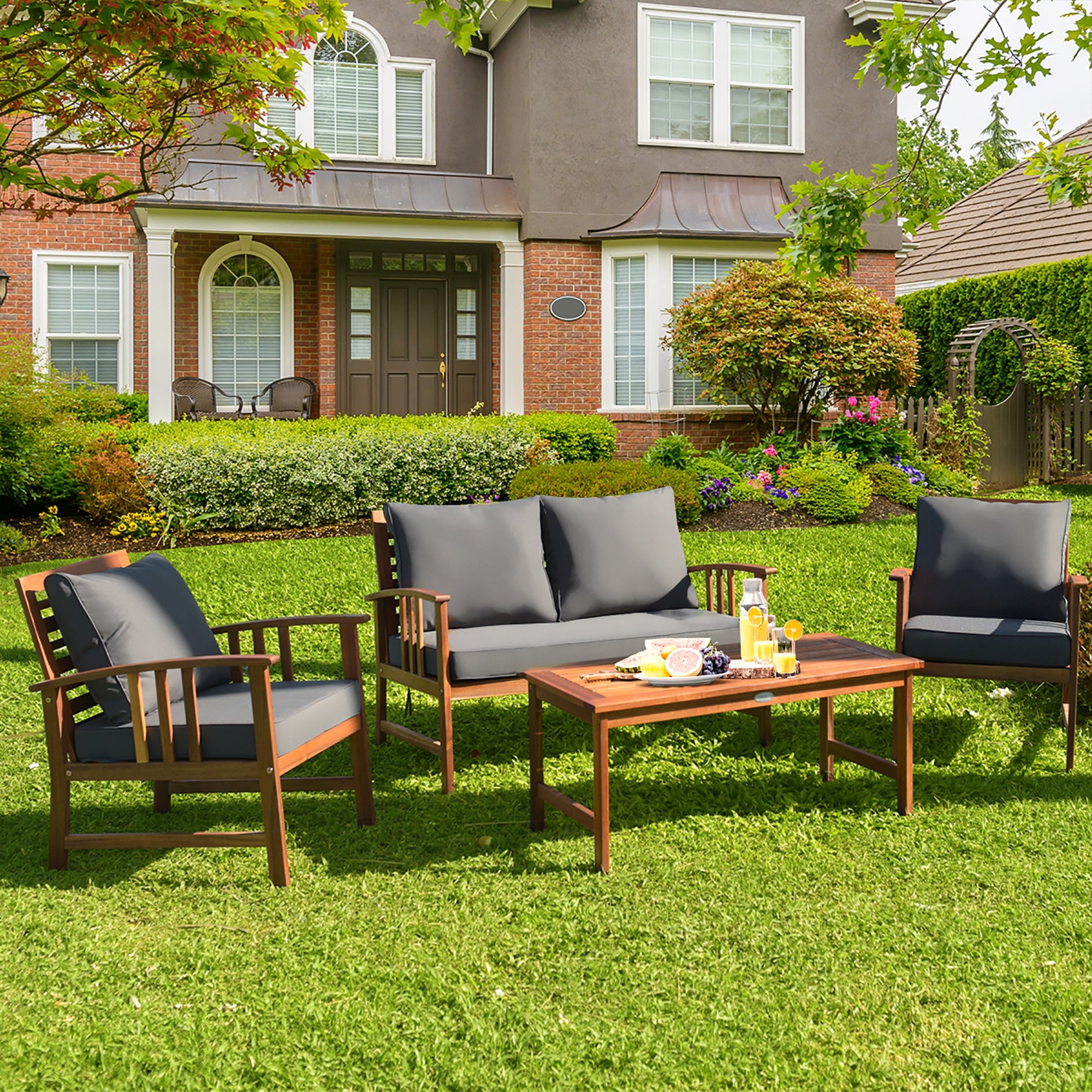 4 PCS Wooden Patio Furniture Set Outdoor Seating Chat Set - Overstock - 33305446