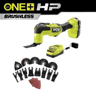 RYOBI ONE+ HP 18V Brushless Cordless Multi-Tool Kit w 2Ah HIGH PERFORMANCE Battery Charger  16-Piece Multi-Tool Blade Set PBLMT50K1-A241601