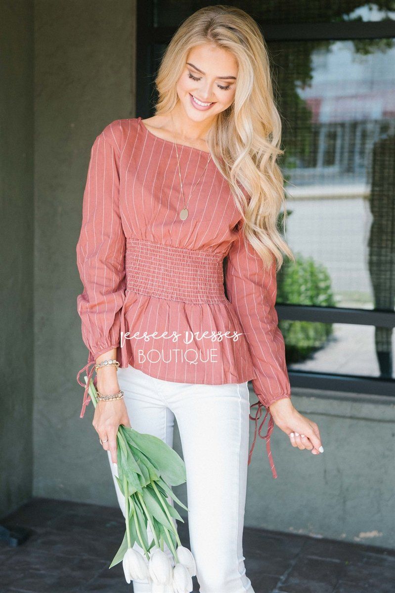 Pinstripe Cinched Waist Tie Sleeve Top