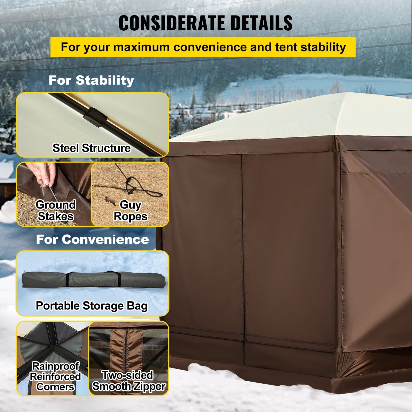 VEVORbrand Camping Gazebo Tent, 12'x12', 6 Sided Pop-up Canopy Screen Tent for 8 Person Camping, Waterproof Screen Shelter w/Portable Storage Bag, Ground Stakes, Mesh Windows, Brown & Beige