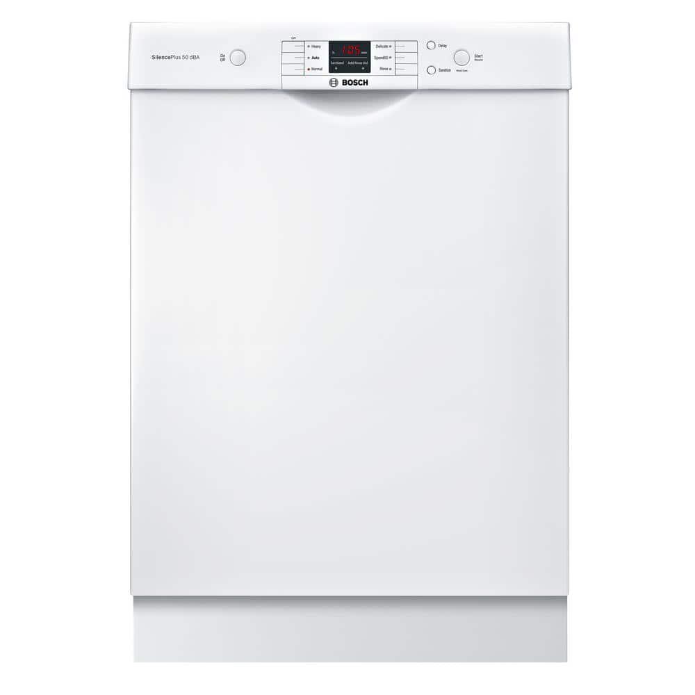 Bosch 100 Series 24 in White Front Control Tall Tub Dishwasher with Hybrid Stainless Steel Tub and Utility Rack 50dBA