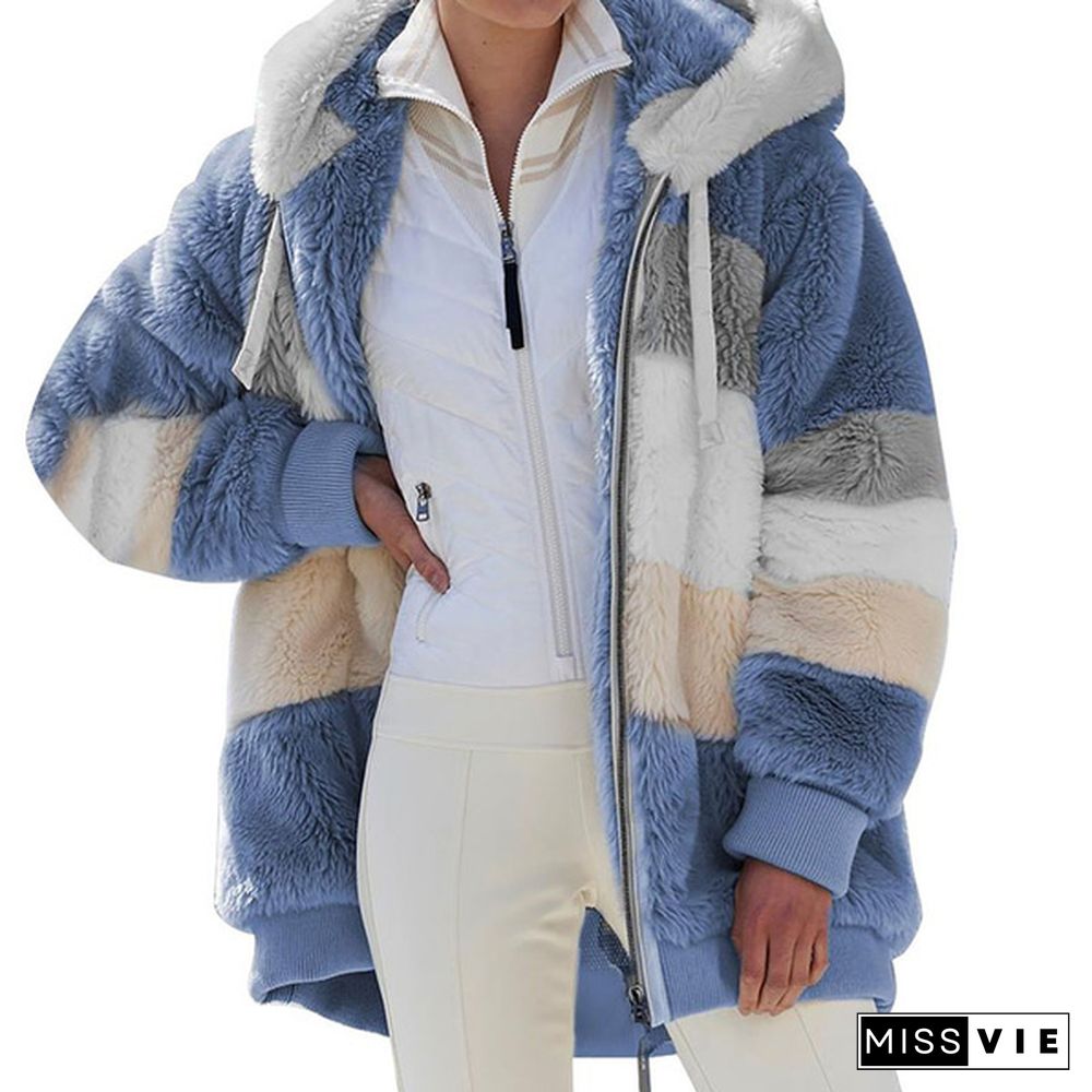 plus size women clothing,New Winter Women's Jacket Hooded Warm Plush Loose Jacket for Women Patchwork Winter Outerwear Faux Fur Zipper Ladies Parka Coat casacos de inverno feminino