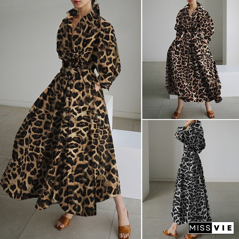 Women Bohemian Leopard Print Maxi Dress Elegant Full Sleeve Casual Swing Mid-Calf Length Sundress