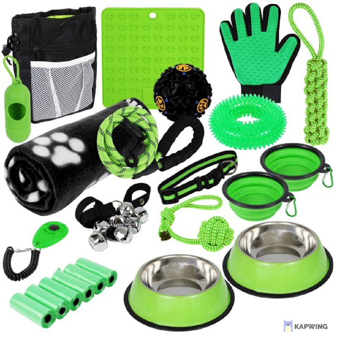 SETONWARE Puppy Starter Kit， Dog Toys， Dog Bed Blankets， Puppy Dog Grooming Tool， Training， Toys， Training Bells Dog Leashes Accessories for Dogs Gift for New Puppies Green 23 Pieces