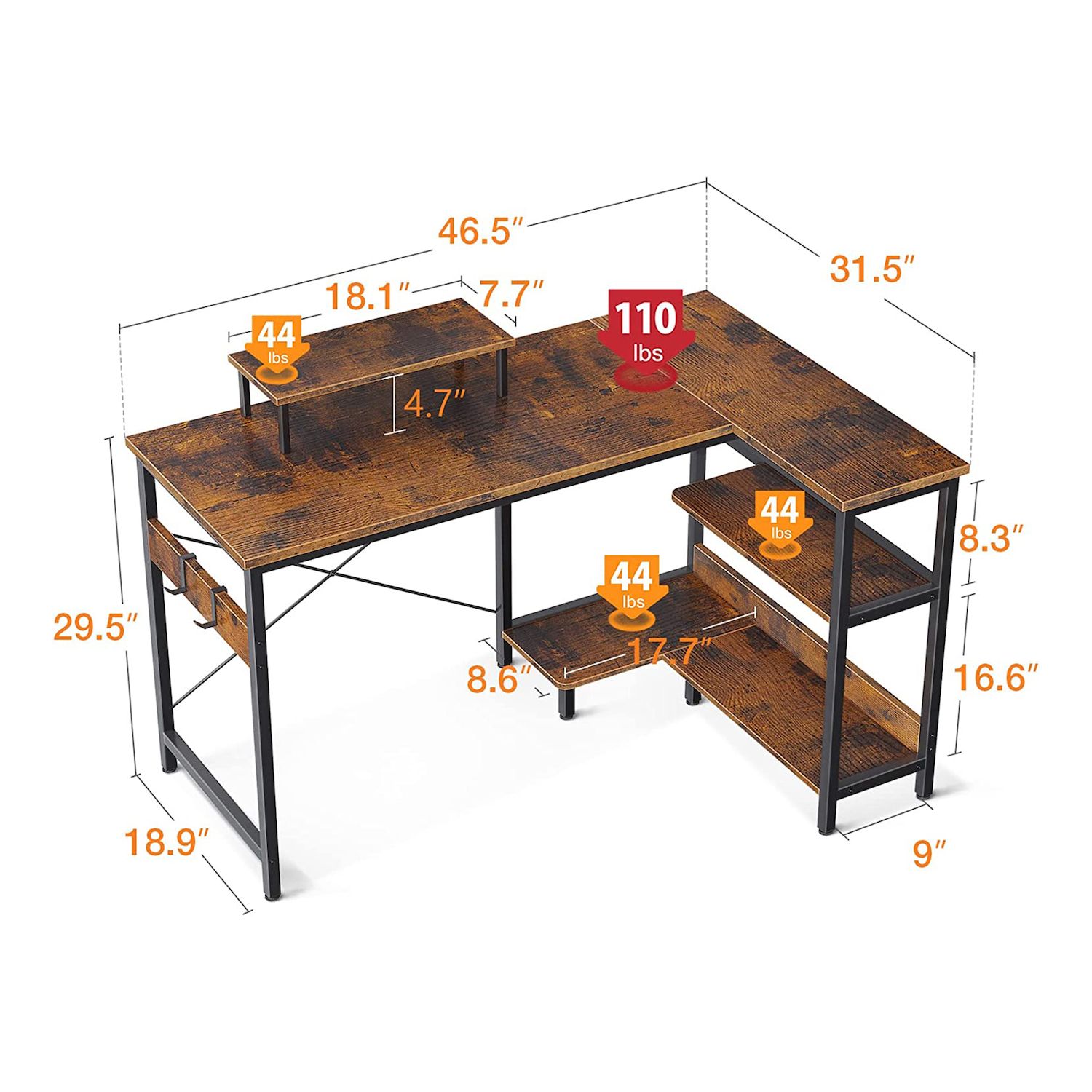 ODK 47 In Compact L Shaped Desk w/ Storage Shelves and Monitor Stand， Rustic Brown