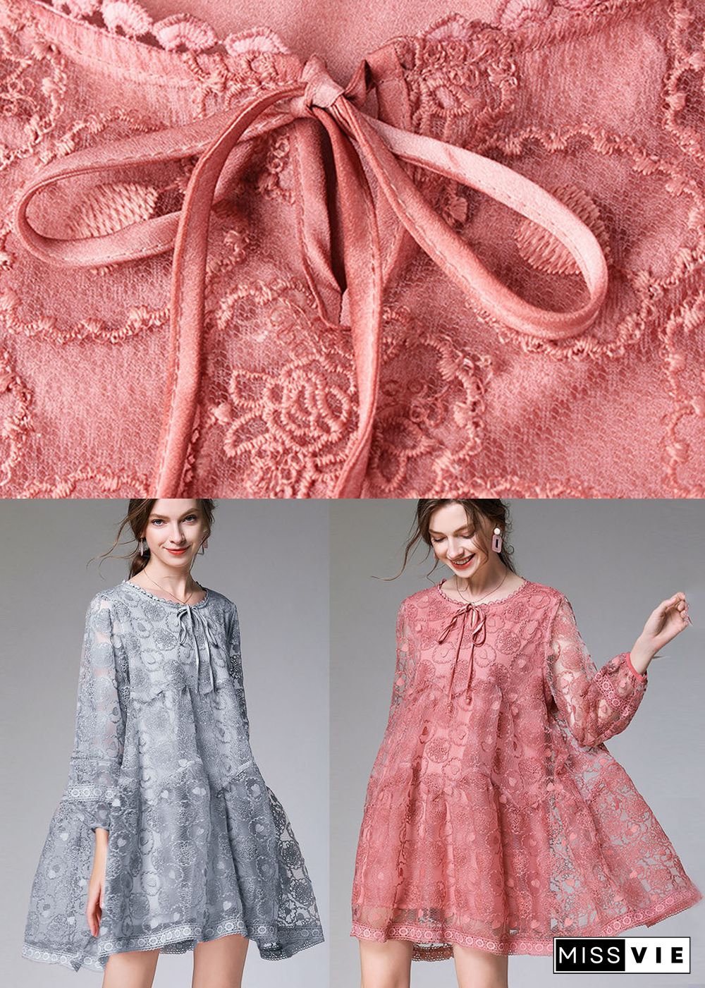 Fitted Pink Embroideried Patchwork Lace Mid Dress Long Sleeve