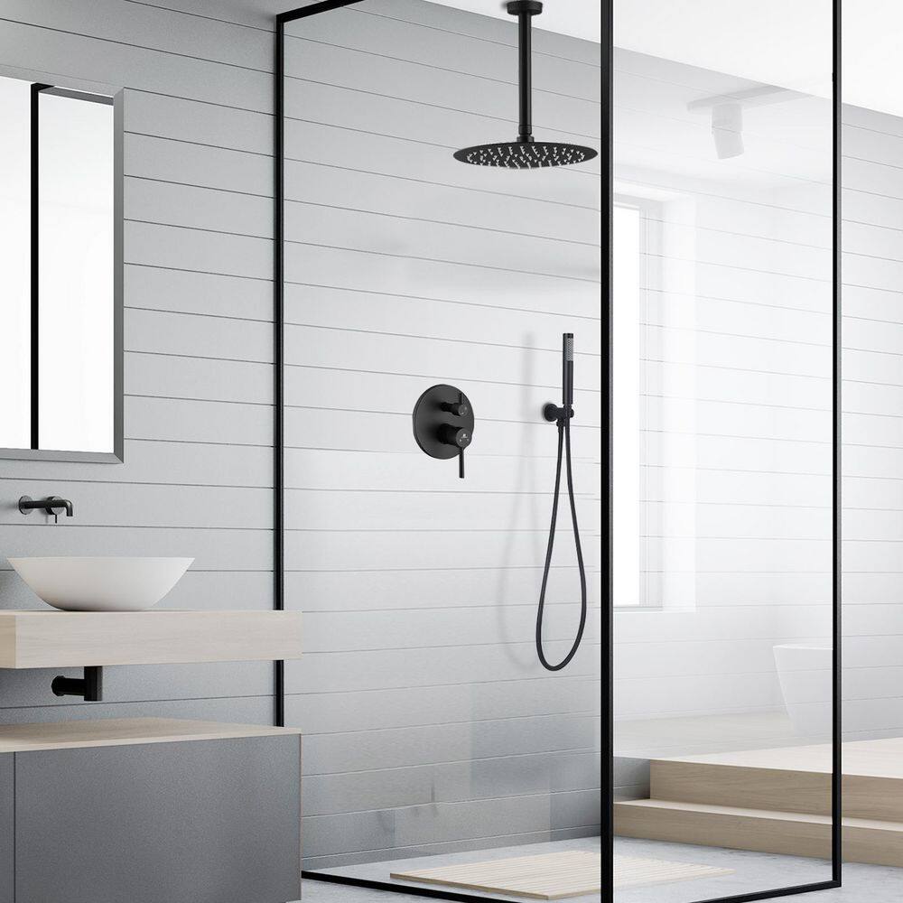 HOMLUX 2-Spray Patterns 10 in. Ceiling Mount Dual Shower Heads with Rough-In Valve in Matte Black AZLS10QDD