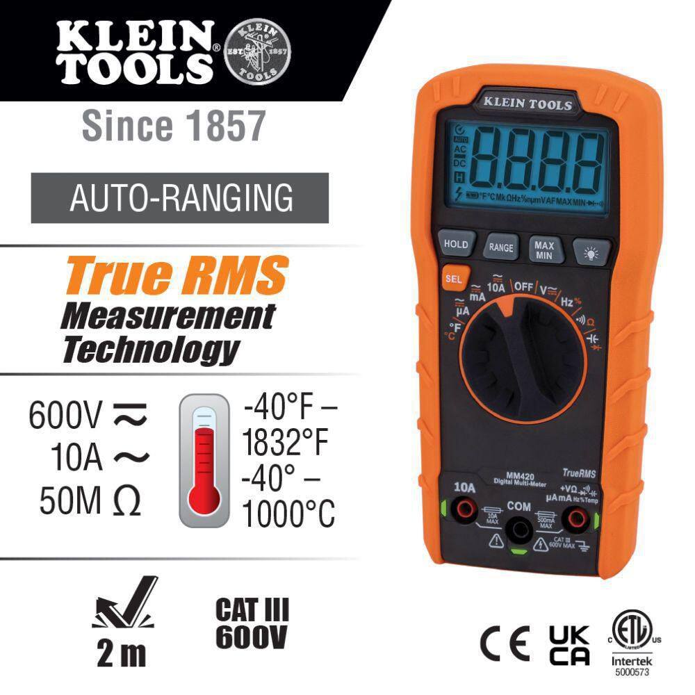 Klein Tools 600-Volt Digital Multi-Meter TRMS Auto-Ranging Temp MM420