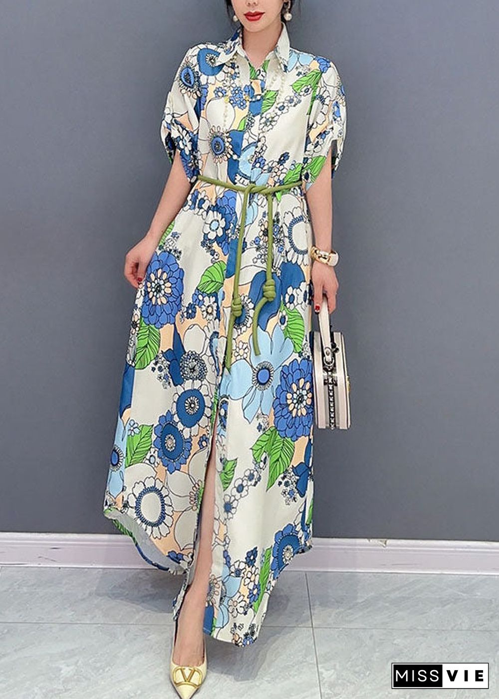 Art Blue Peter Pan Collar Print Cotton Maxi Shirts Dresses Summer